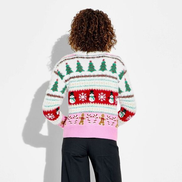 Open Box - 33 Degrees - Women's Holiday Icons Festive Graphic Cardigan - C Cream - Picture 3 of 3